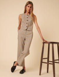 Beige Gingham Check Tailored Cropped Trousers