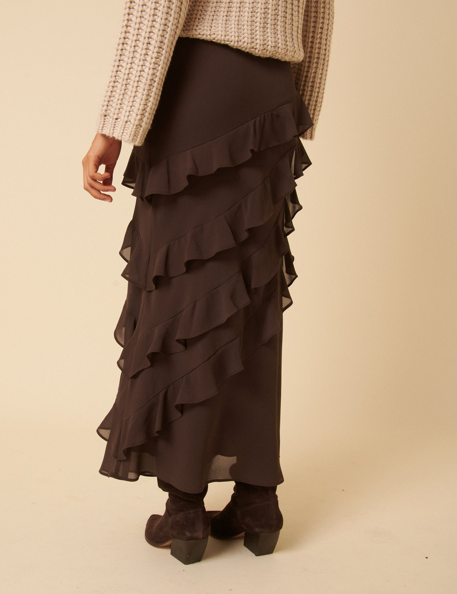 Brown Ruffle Midi Skirt