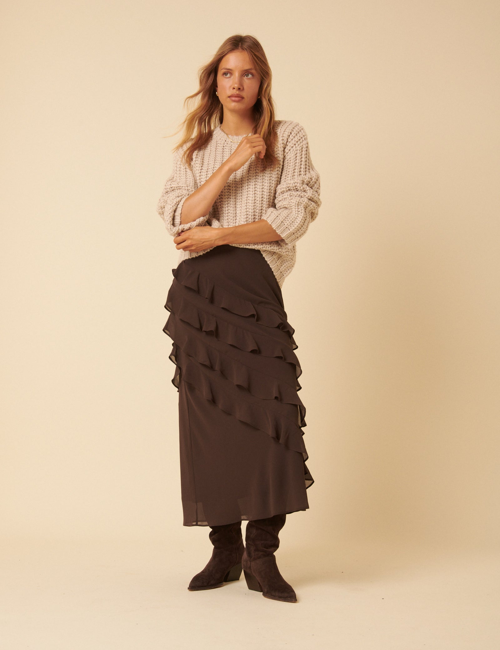 Brown Ruffle Midi Skirt