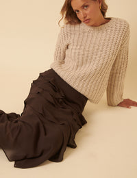 Brown Ruffle Midi Skirt