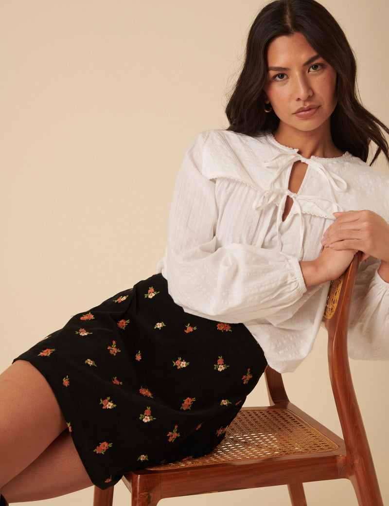 Black Cord Floral Embroidered Mini Skirt