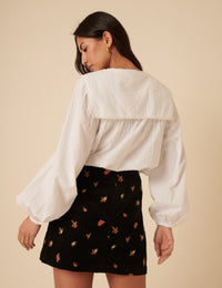 Black Cord Floral Embroidered Mini Skirt