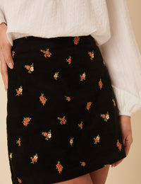 Black Cord Floral Embroidered Mini Skirt
