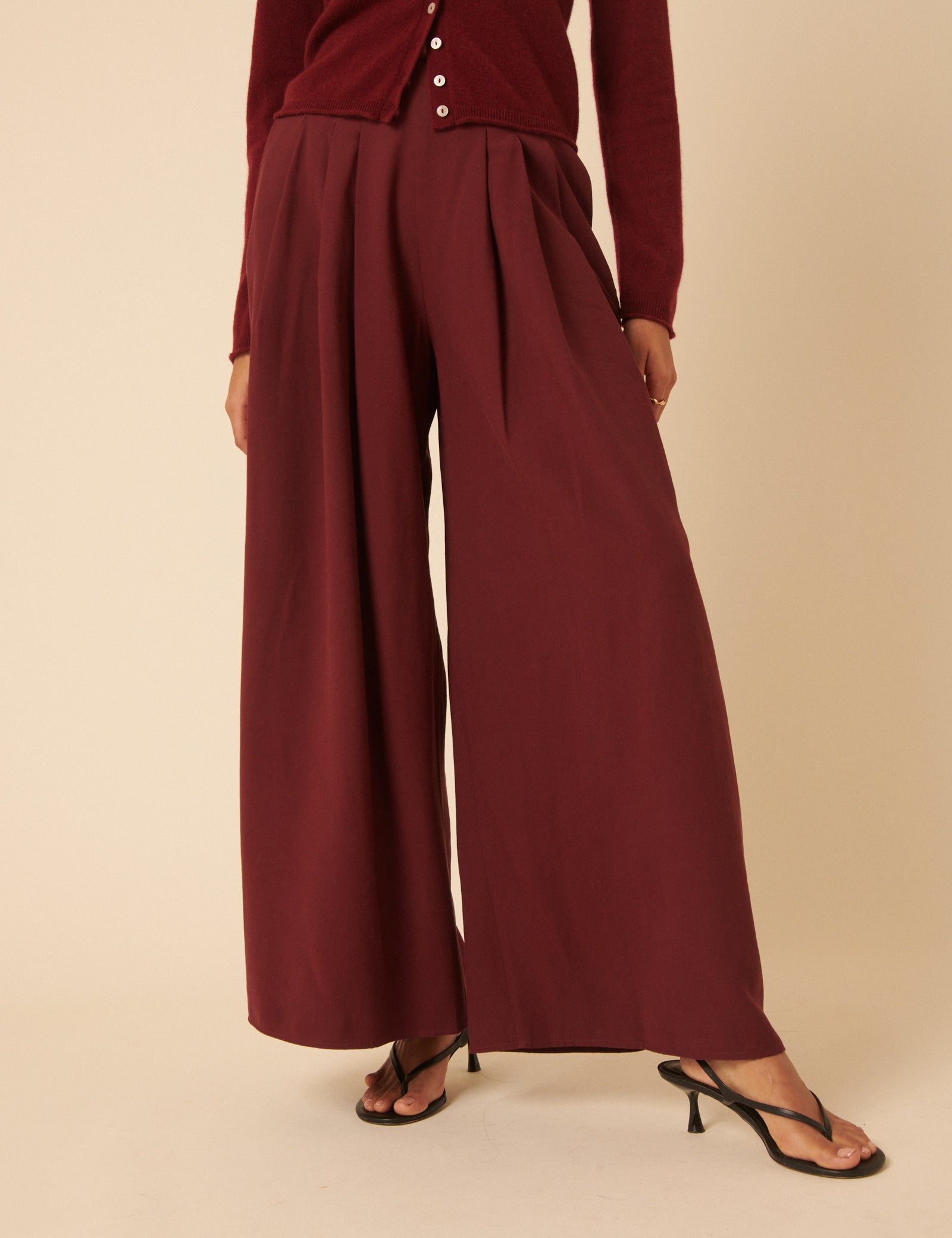 Burgundy Pleated Wide Leg Trousers