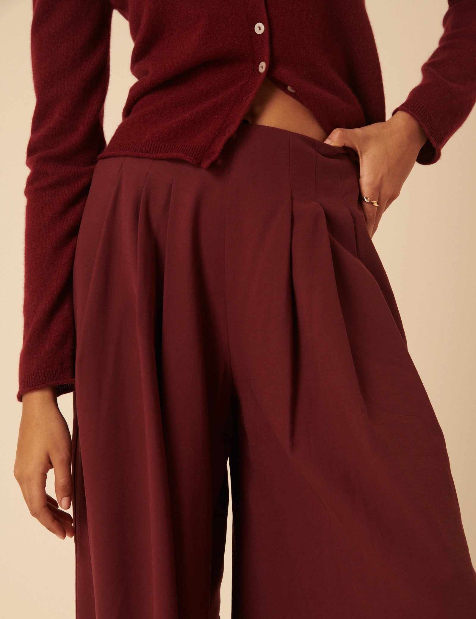 Burgundy Pleated Wide Leg Trousers