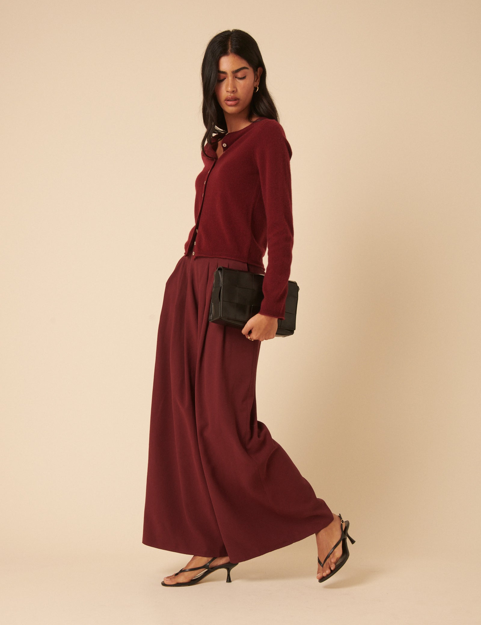Burgundy Pleated Wide Leg Trousers