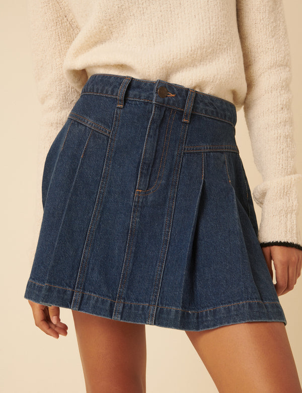 Dark Blue Denim Pleated Mini Skirt