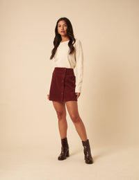 Burgundy Cord Asymmetric Mini Skirt