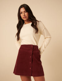 Burgundy Cord Asymmetric Mini Skirt