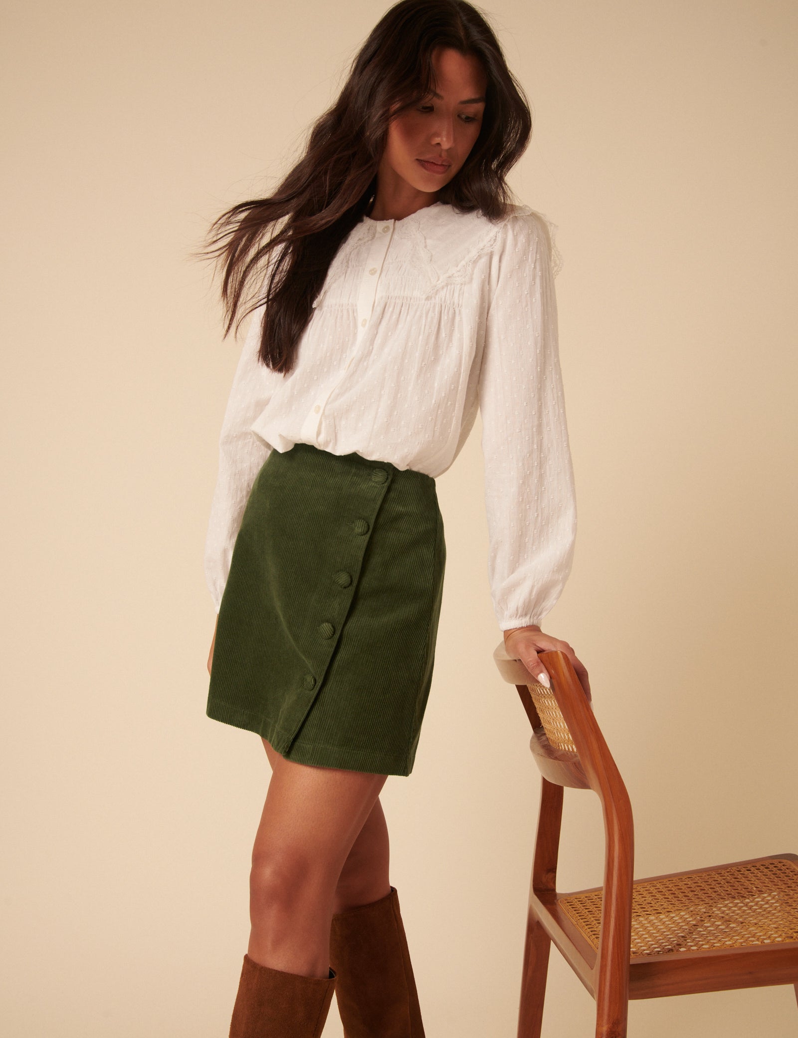 Green Cord Asymmetric Mini Skirt