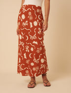 Brown Printed Linen-Blend Midi Skirt