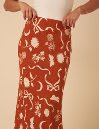 Brown Printed Linen-blend Midi Skirt