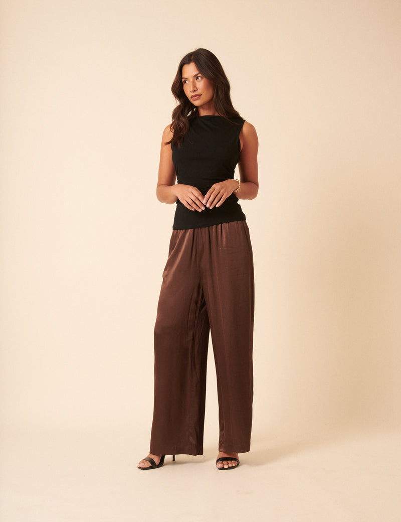 Brown Satin Wide Leg