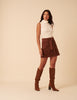Brown Cord Tie Waist Mini Skirt