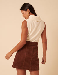 Brown Cord Tie Waist Mini Skirt