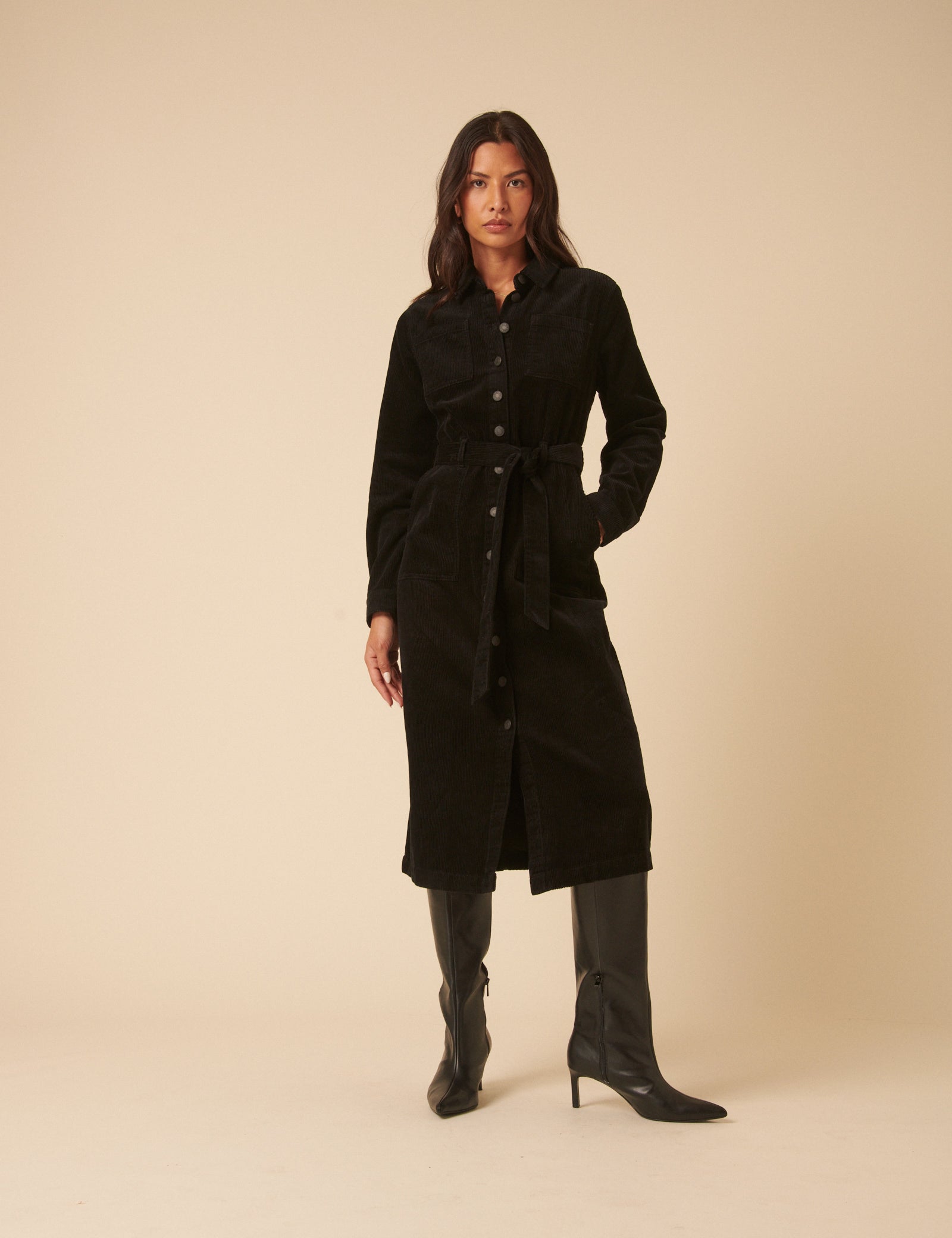 Black Cord Finchley Midi Shirt Dress - Main Image