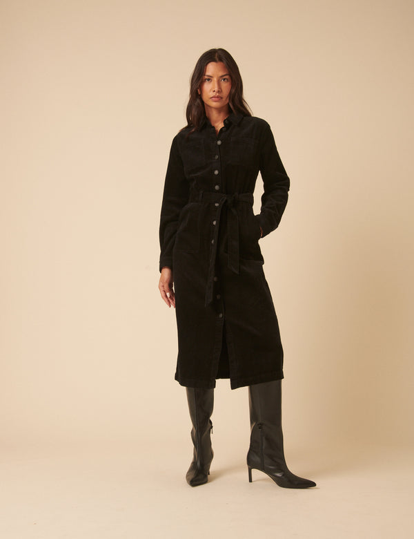 Black Cord Finchley Midi Shirt Dress