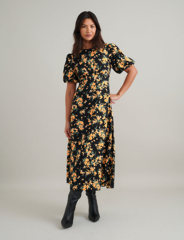 Black Floral Benita Midi Dress