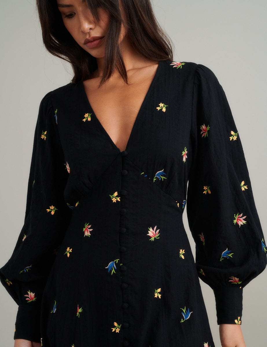 Black Floral Embroidered Balloon Sleeve Shannon Midi Dress Black Floral Embroidered Balloon Sleeve Shannon Midi Dress