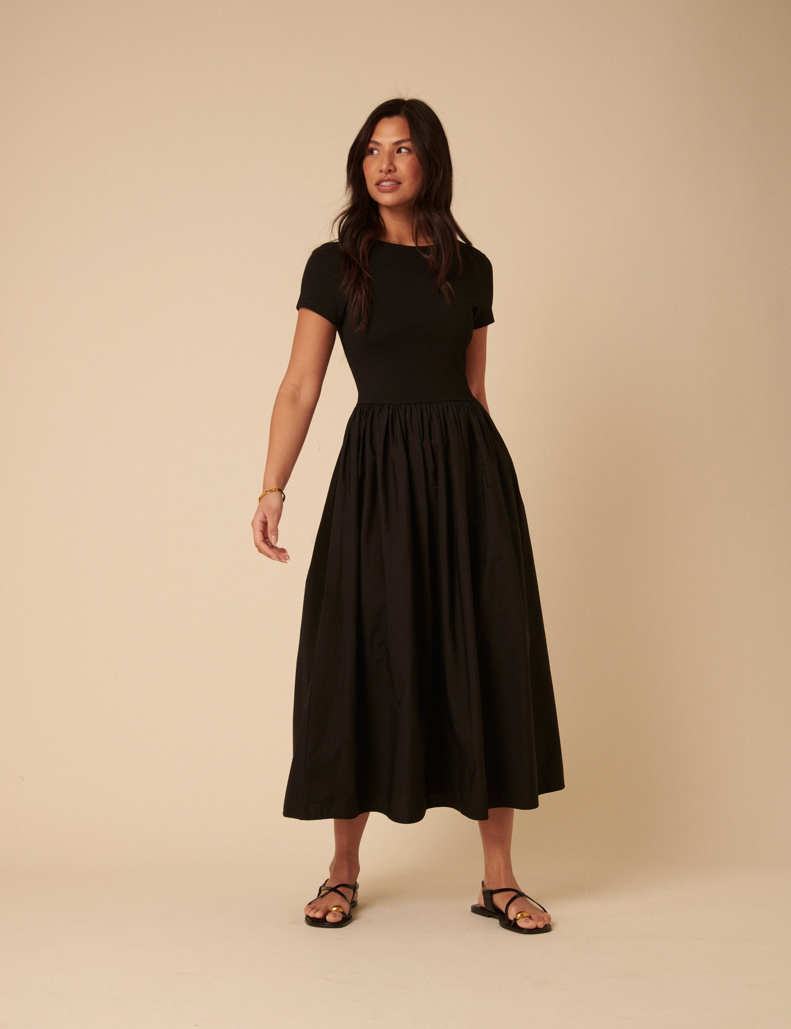 Black Short Sleeve A-line Sarah Midi Dress - Main Image
