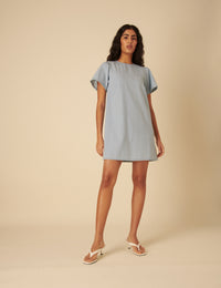 Light Blue Denim Puff Sleeve Mini Swing Dress