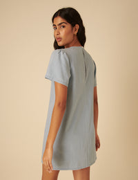 Light Blue Denim Puff Sleeve Mini Swing Dress