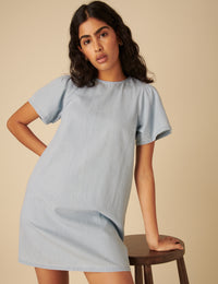 Light Blue Denim Puff Sleeve Mini Swing Dress