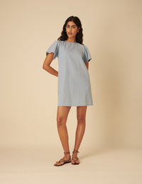 Light Blue Denim Puff Sleeve Mini Swing Dress