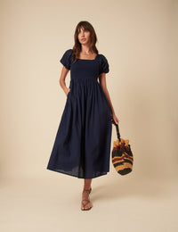 Navy Puff Sleeve Shirred Tasmin Midi Dress