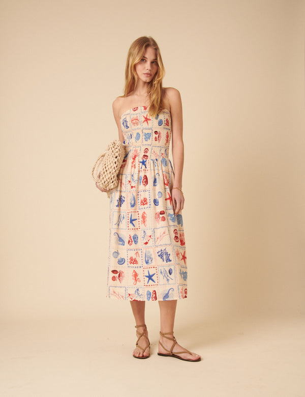 Cream Shell Print Sylvia Midi Dress