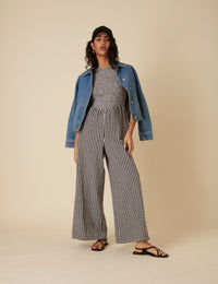 Black Gingham Shirred Jumpsuit