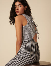 Black Gingham Shirred Jumpsuit