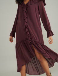Burgundy Chiffon Ruffle Trim Koko Midi Smock Dress