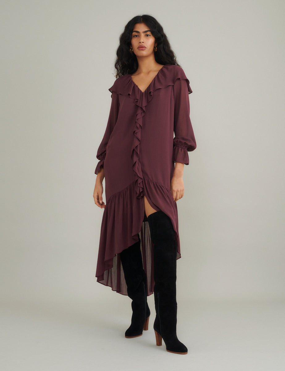 Burgundy Chiffon Ruffle Trim Koko Midi Smock Dress Burgundy Chiffon Ruffle Trim Koko Midi Smock Dress
