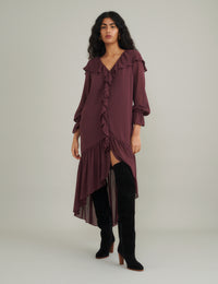 Burgundy Chiffon Ruffle Trim Koko Midi Smock Dress