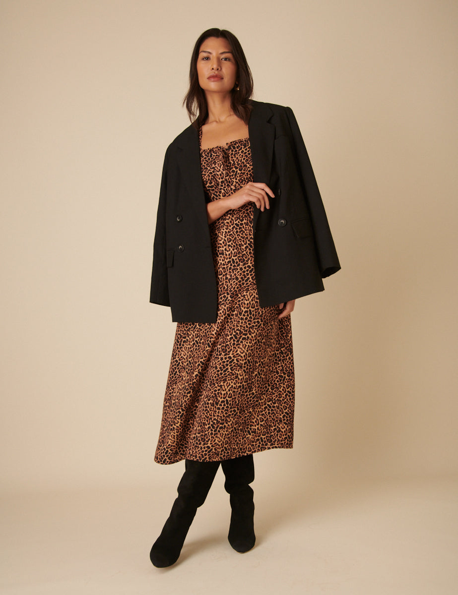 Brown Leopard Print Prarie Midi Dress Brown Leopard Print Prarie Midi Dress
