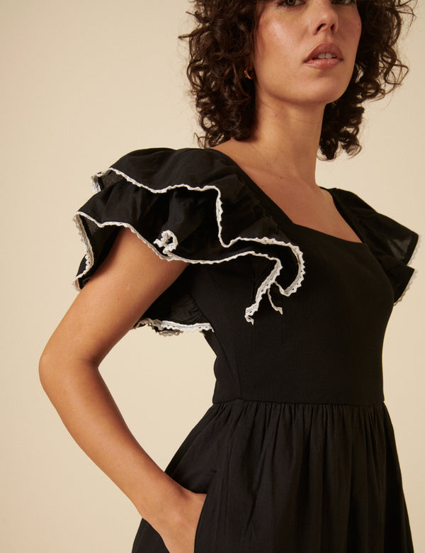 Black Contrast Trim Frill Shoulder Midi Dress