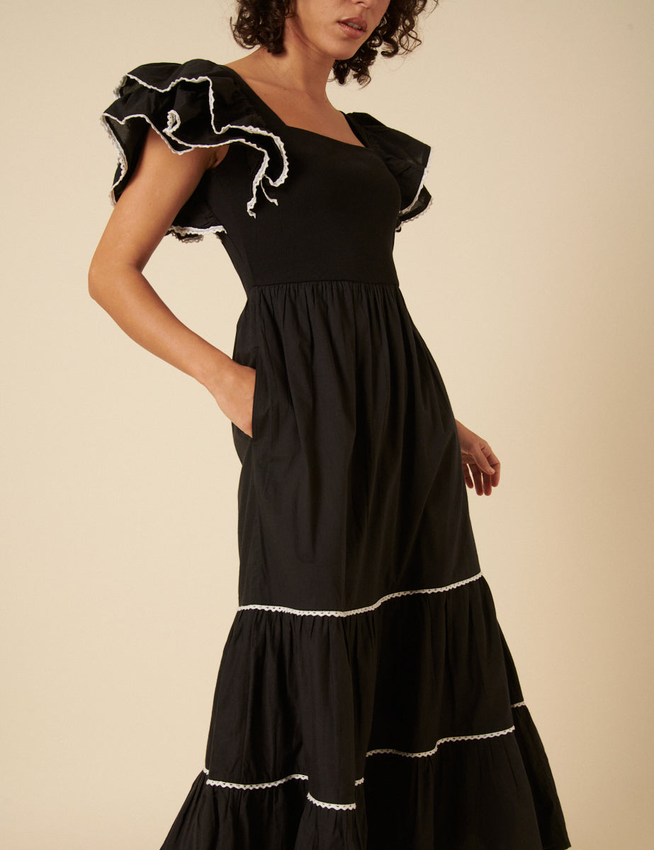 Black Contrast Trim Frill Shoulder Midi Dress - Main Image