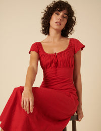 Red Floral Embroidered Frill Sleeve Melissa Midi Dress