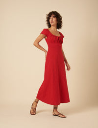 Red Floral Embroidered Frill Sleeve Melissa Midi Dress