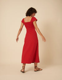 Red Floral Embroidered Frill Sleeve Melissa Midi Dress