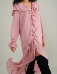 Pink Chiffon Ruffle Trim Koko Midi Smock Dress