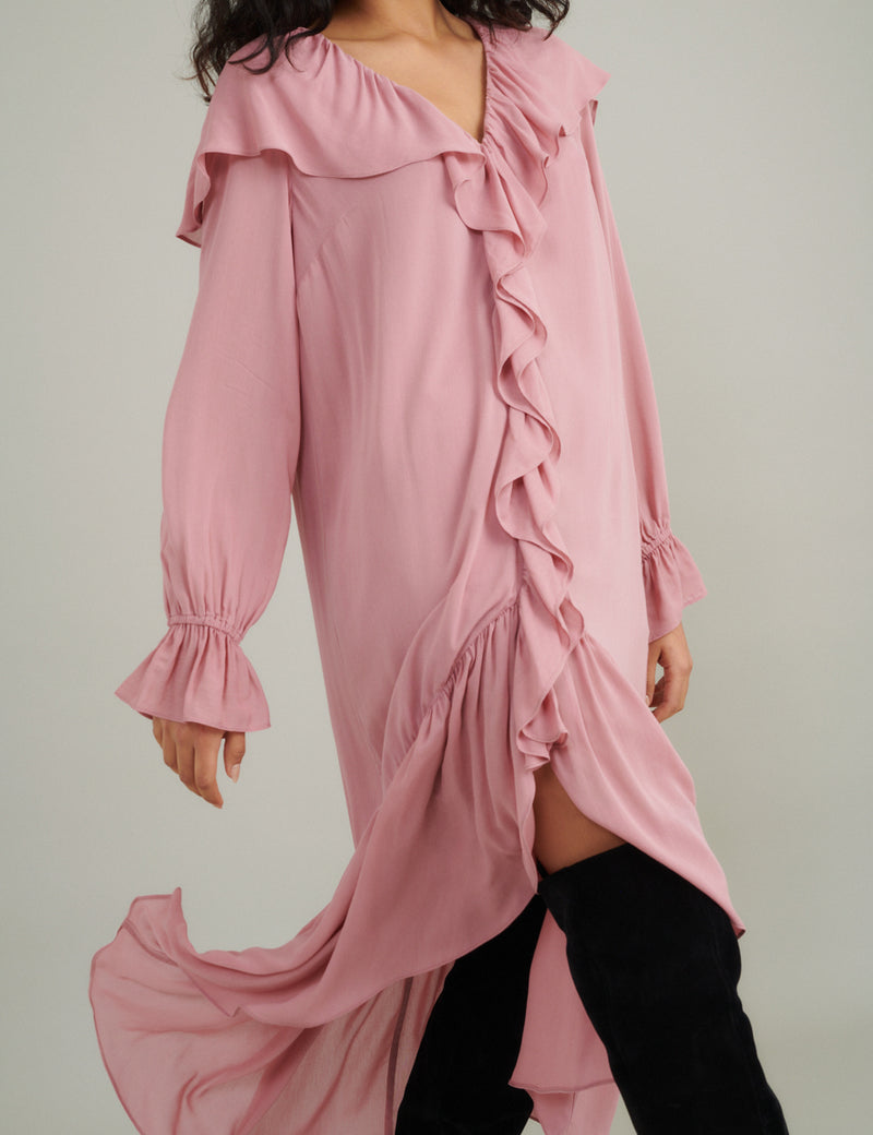 Pink Chiffon Ruffle Trim Koko Midi Smock Dress