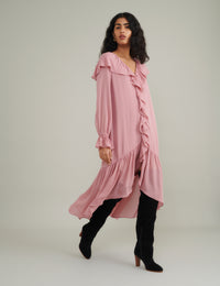 Pink Chiffon Ruffle Trim Koko Midi Smock Dress