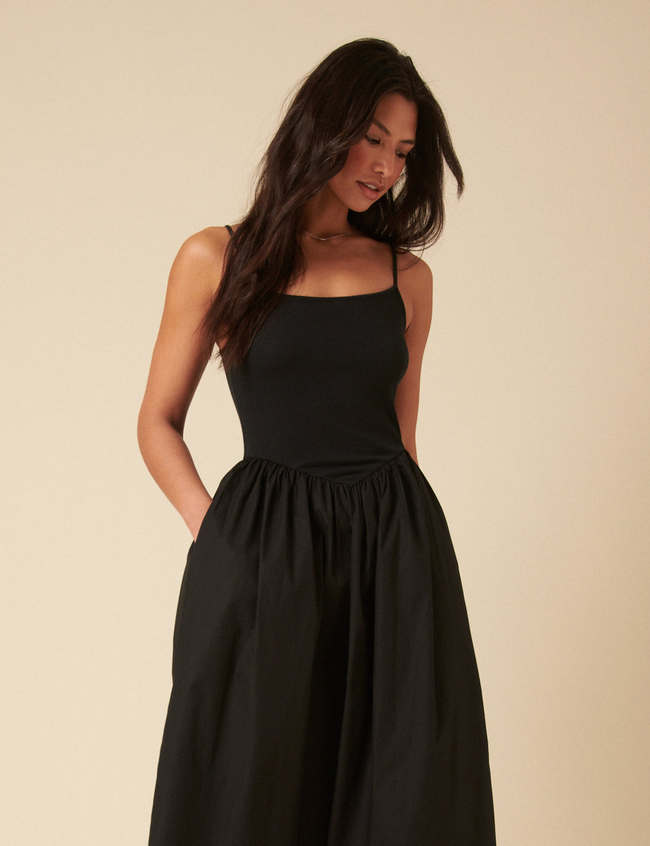 Black Ribbed Drop Waist Strappy Midi Dress Black Ribbed Drop Waist Strappy Midi Dress