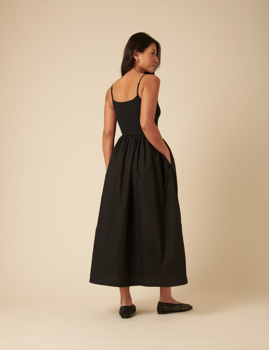 Black Ribbed Drop Waist Strappy Midi Dress
