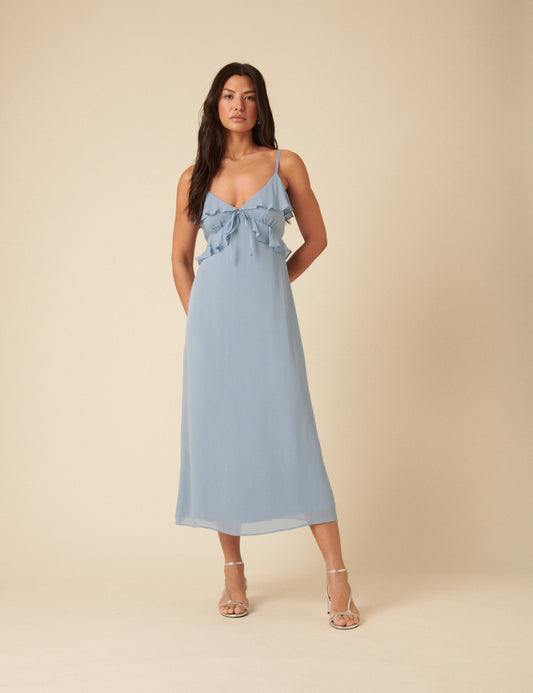 knee length dresses for ladies Blue Frill Roe Midi Dress