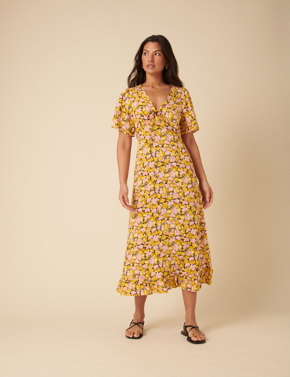 yellow ditsy printed bandeau skater midaxi dress Tea Dress Yellow Ditsy Print Dress Celebrity Yellow Tea Dress Yellow Floral Midi Dress Ditsy Floral