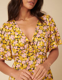 Yellow Floral Frill Sleeve Dalia Midi Dress