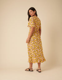 Yellow Floral Frill Sleeve Dalia Midi Dress